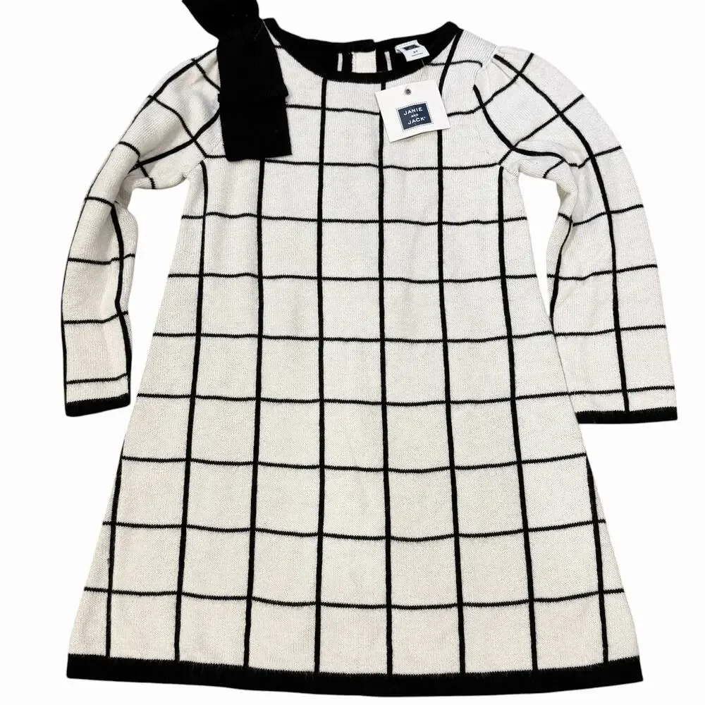 Janie and Jack Black White Windowpane Sweater Dress Shoulder Bow Toddler 2T NWT